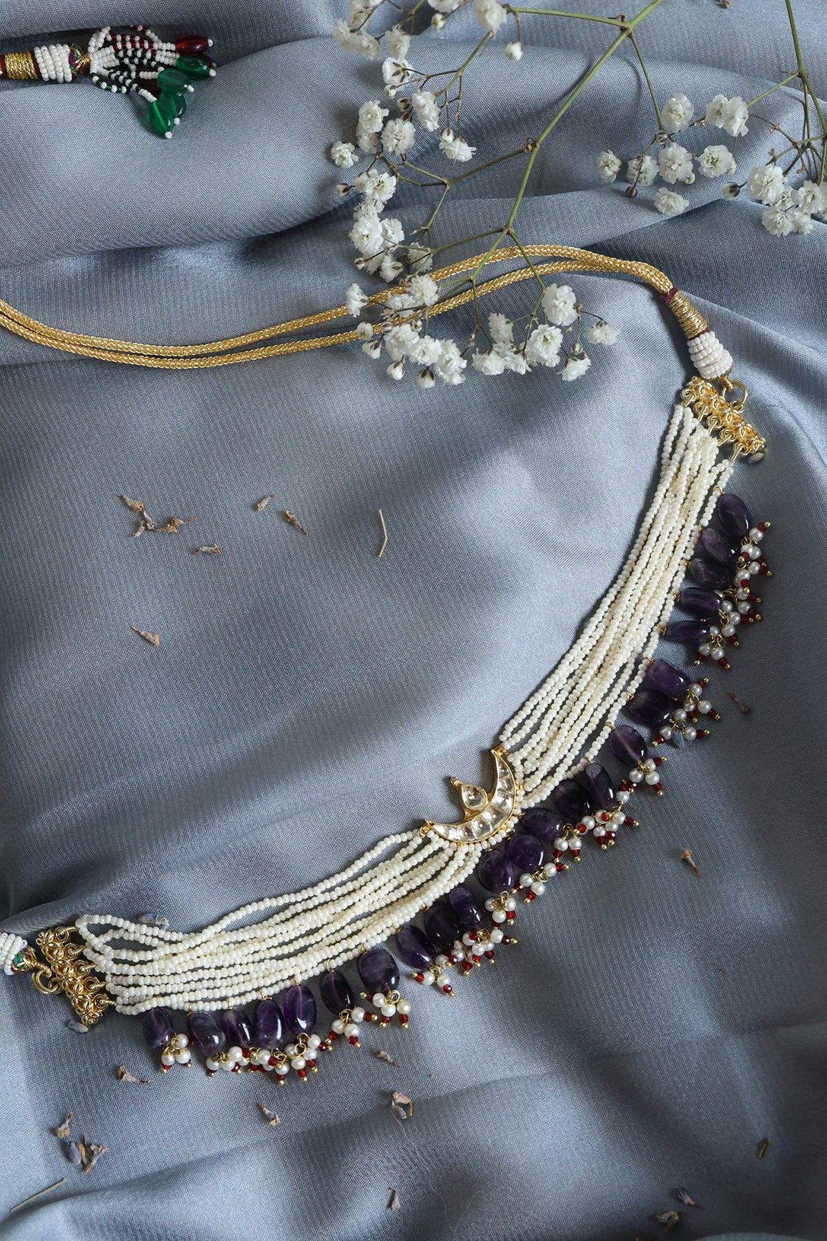 Gold Finish Kundan & Shell Pearl Choker Necklace