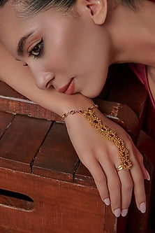 Gold Plated Red Kundan Polki & Ghungroo Hathphool