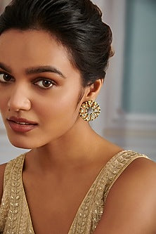 Gold Plated Kundan Polki & Green Hydro Stone Stud Earrings