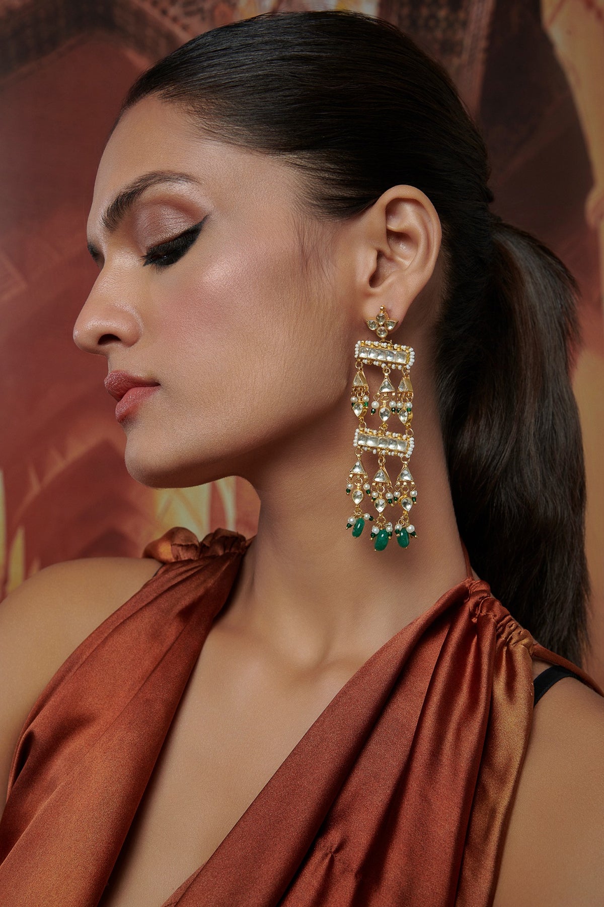 Gold Plated Kundan Polki & Green Natural Stone Dangler Earrings