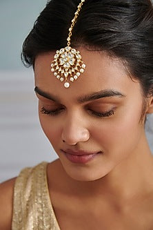 Gold Plated Kundan Polki & Pearl Maangtikka