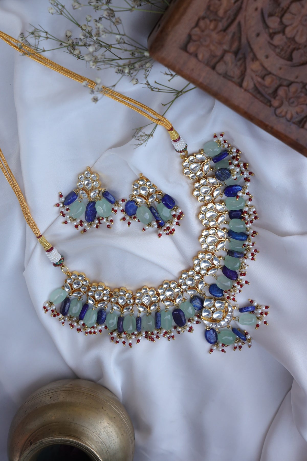 Gold Finish Blue Lapis Lazuli & Mint Natural Stone Choker Necklace Set