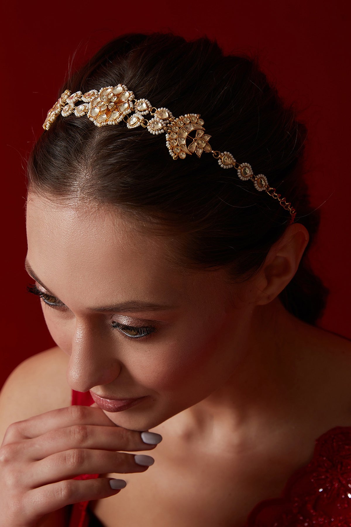Gold Finish Kundan Polki & Pearl Headband