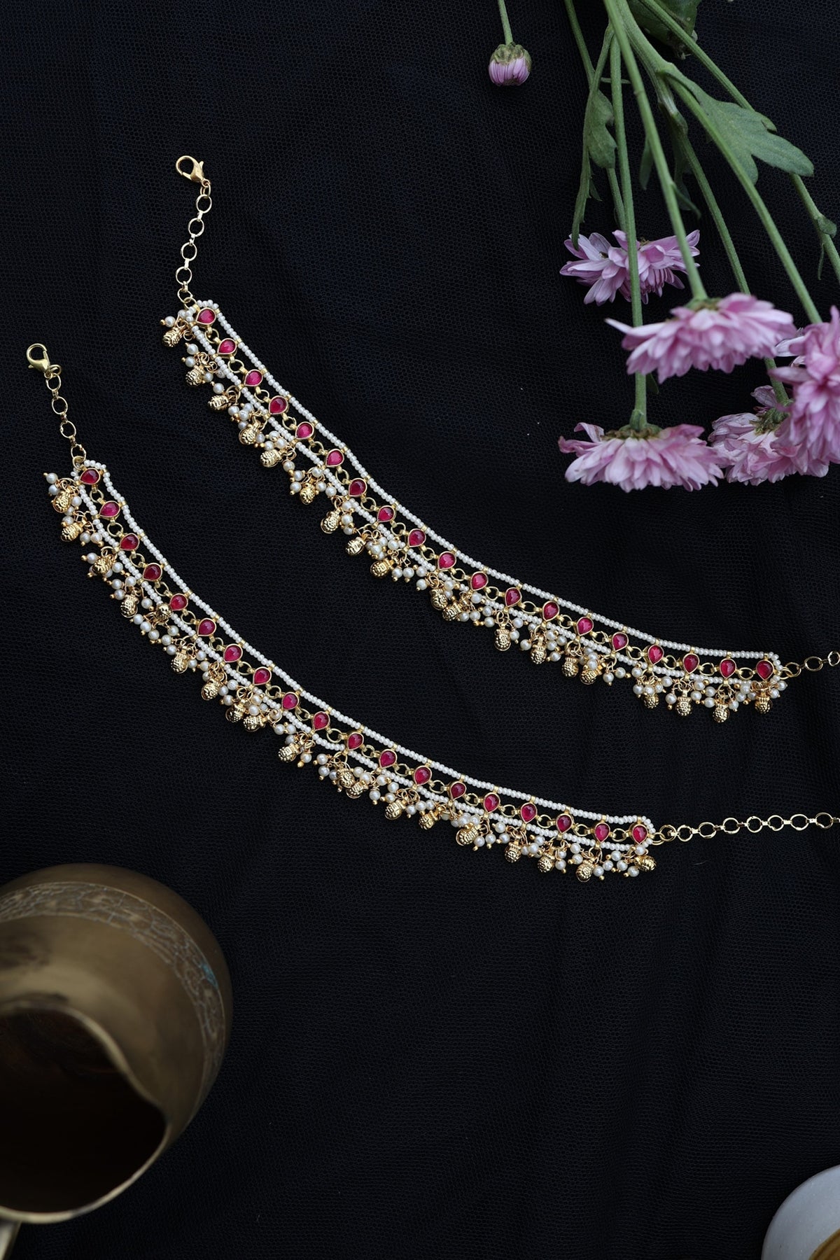 Gold Finish Kundan Polki & Pearl Anklets (Set Of 2)