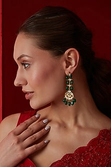 Gold Finish Kundan & Green Natural Stone Dangler Earrings