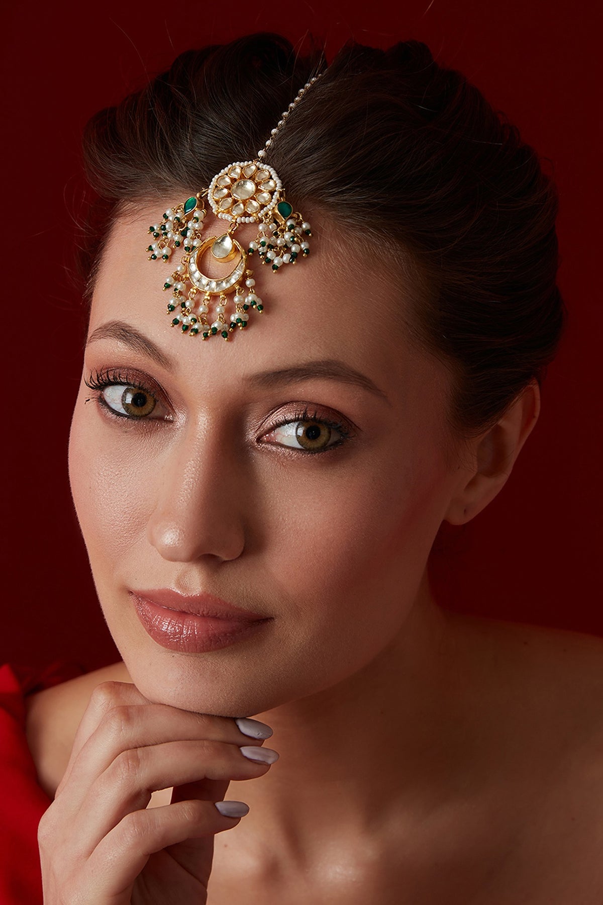 Gold Finish Kundan & Shell Pearl Maangtikka