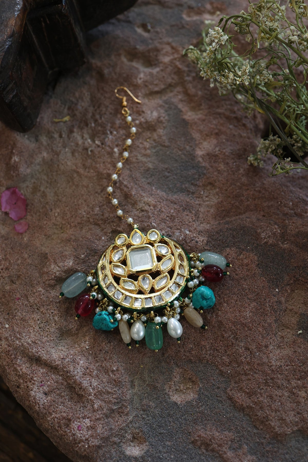 Gold Finish Kundan & Multi-Colored Stone Maangtikka