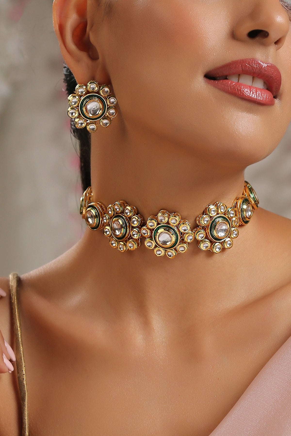 Gold Finish Kundan Polki Necklace Set