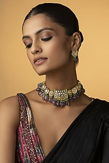 Gold Finish Kundan & Amethyst Stone Necklace Set