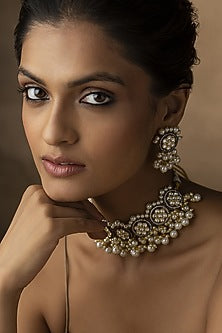 Rhodium & Gold Finish Victorian Polki & Pearl Choker Necklace Set