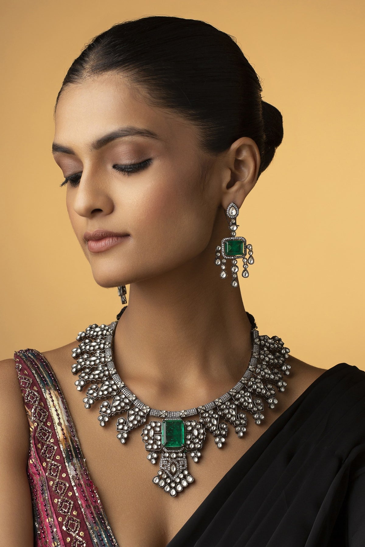 Rhodium Finish Emerald & Zirconia Necklace Set