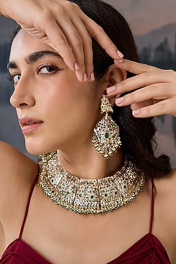 Gold Plated Pearl & Green Garnet Stone Necklace Set