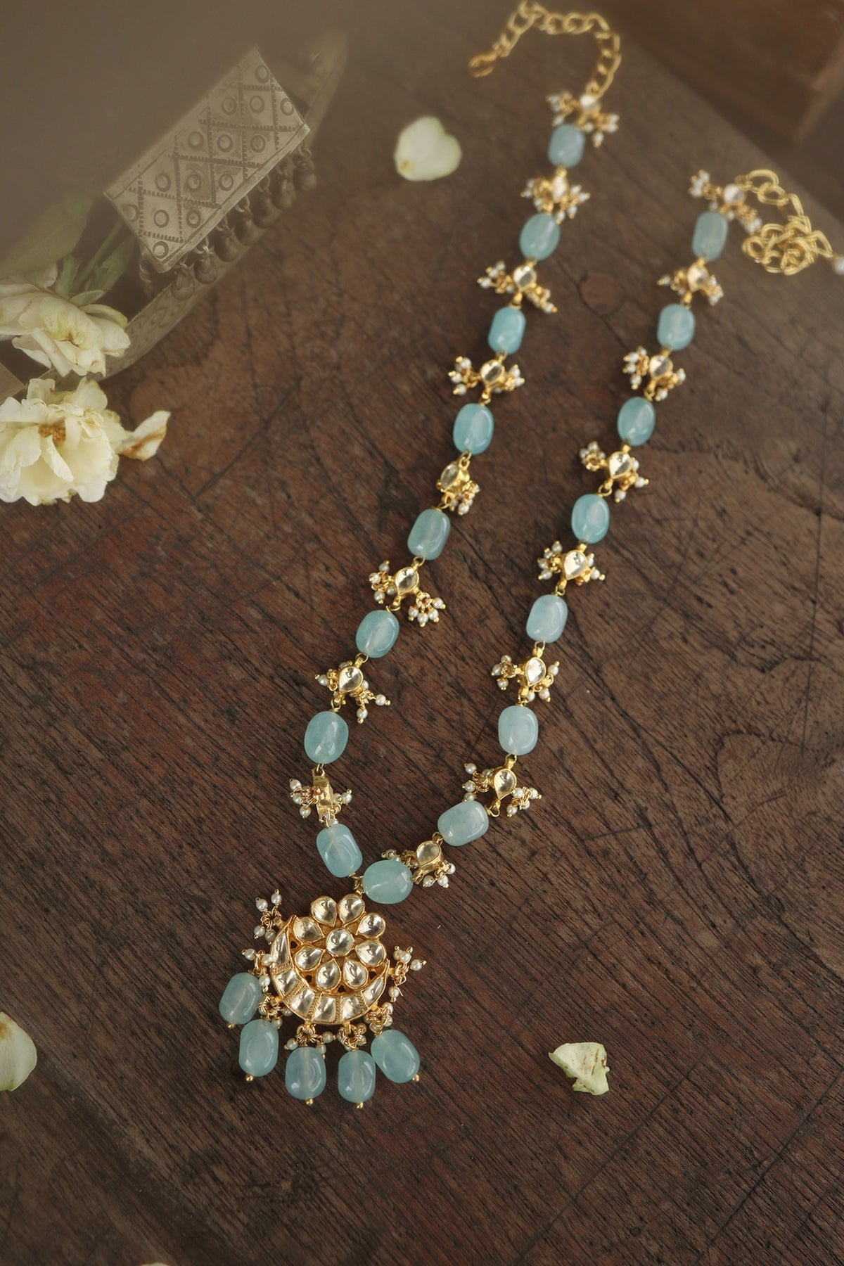 Gold Plated Kundan Polki & Blue Stone Pendant Necklace