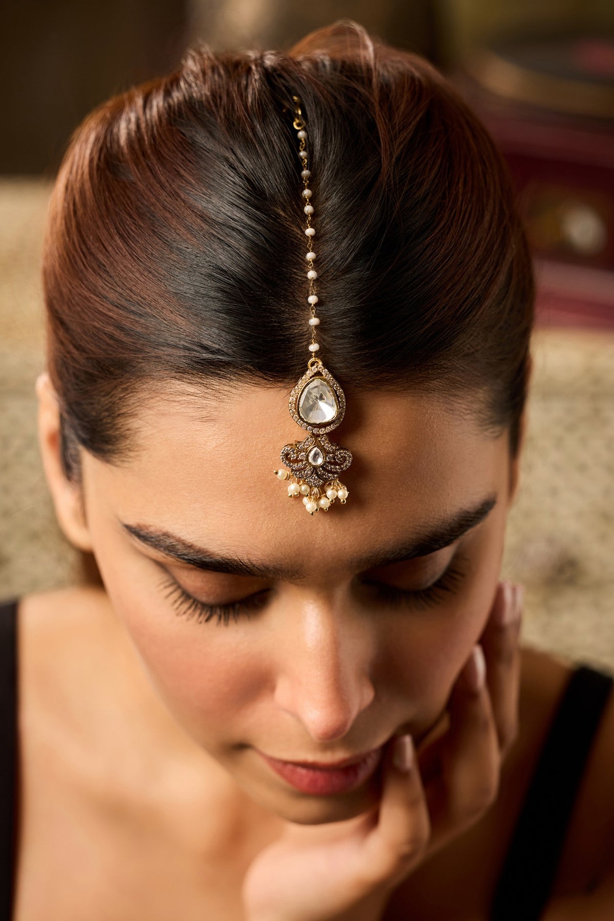 Gold Finish Kundan Polki & Shell Pearl Maangtikka