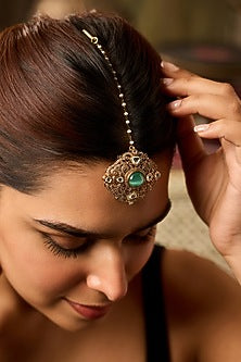 Gold Finish Mint Stone & Pearl Maangtikka