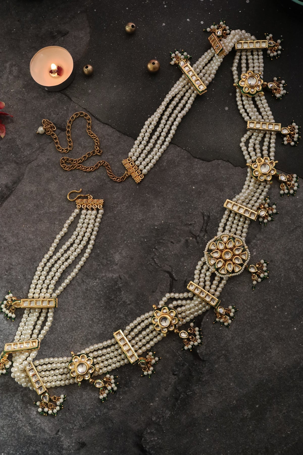 Gold Finish Kundan Polki & Pearls Waist Belt