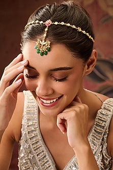 Gold Plated Kundan Polki & Jade Green Stone Adjustable Floral Mathapatti