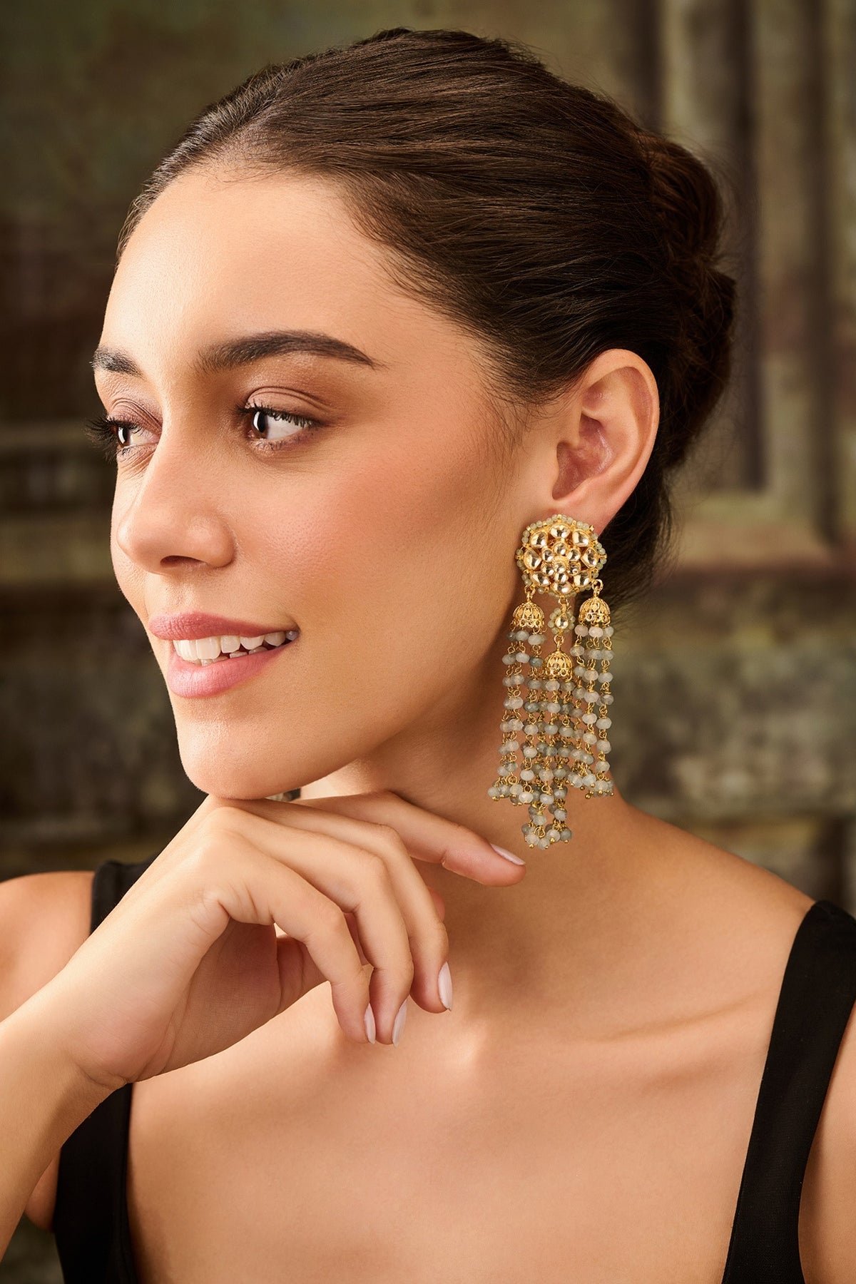 Gold Plated Floral Kundan Polki & Blue Onyx Dangler Earrings