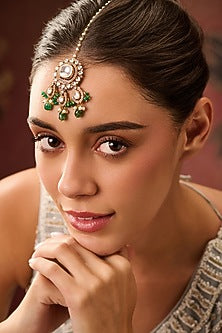 Gold Plated Floral Kundan Polki & Green Stone Maangtikka