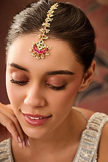 Gold Plated Red Kundan Polki & Pearl Mathapatti