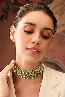 Gold Plated Mint Fluorite & Pearl Choker Necklace