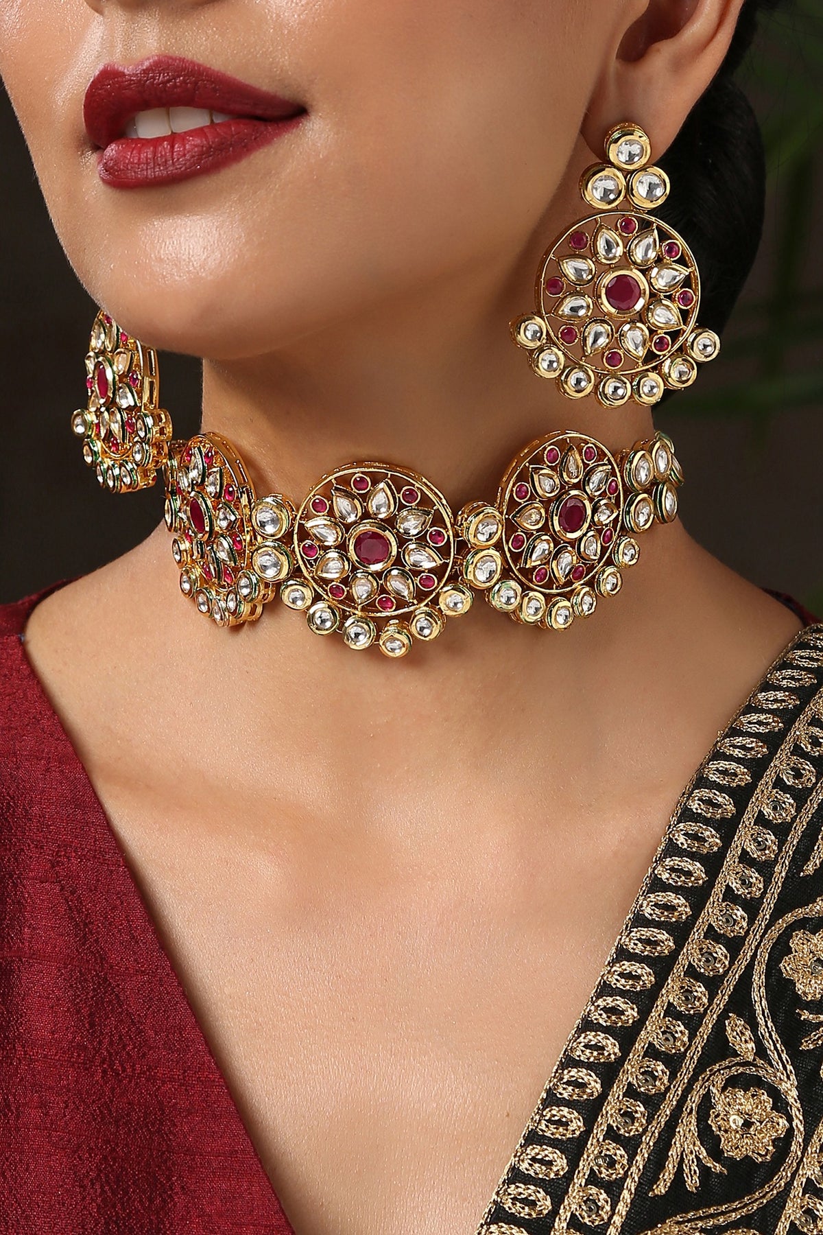Gold Finish Red Stones Choker Necklace Set