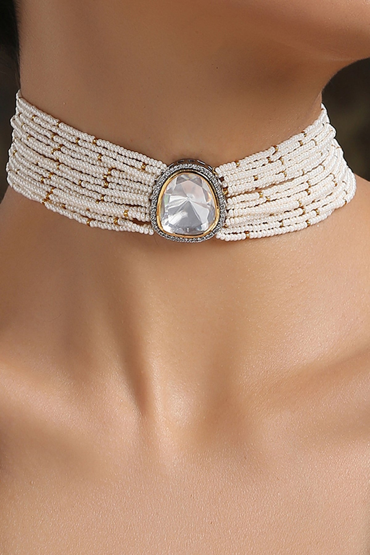 Rhodium Finish Pearls Choker Necklace
