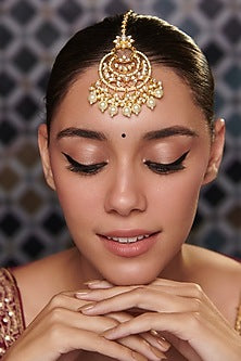 Gold Plated Kundan Polki & Pearl Crescent Shaped Maang Tikka