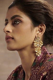 Gold Finish Kundan Polki & Pearl Dangler Earrings In Sterling Silver