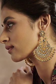 Gold Finish Kundan Polki Chandbali Earrings In Sterling Silver