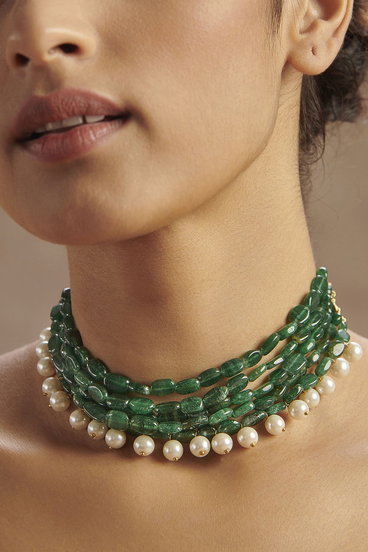 Gold Finish Jade Green Stone Choker Necklace