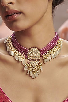 Gold Finish Pink Stone Choker Necklace
