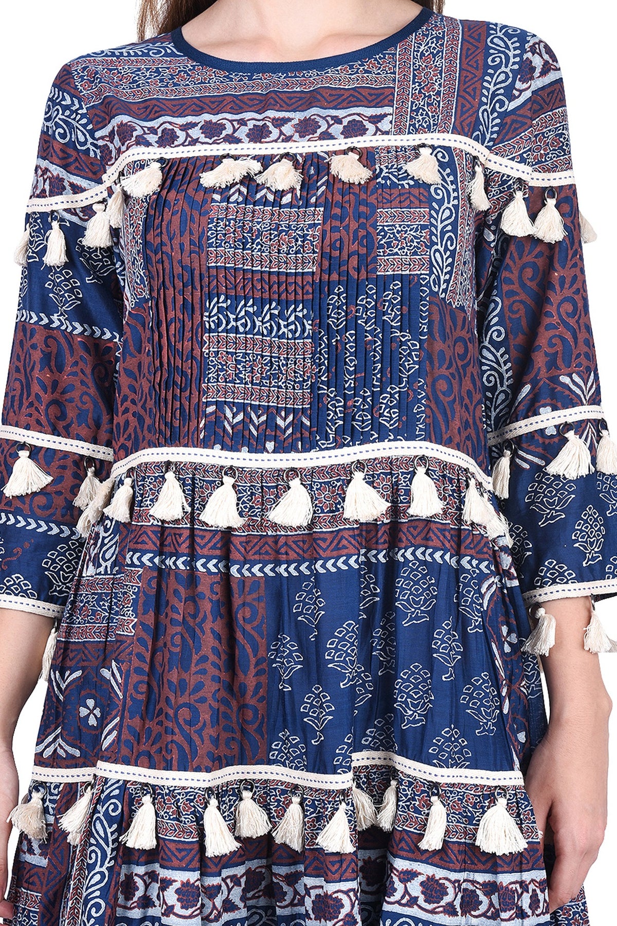 Navy Blue Printed Dress With Fringes