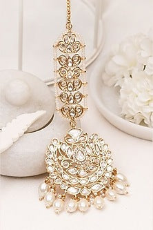 Gold Plated Kundan Polki & Pearl Handcrafted Maangtikka