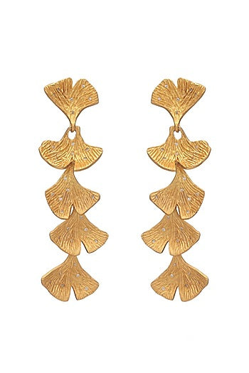 Gold Finish Fan-Shaped Leaf Dangler Earrings