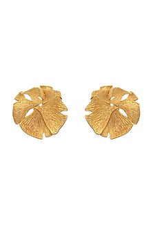 Gold Finish Ginkgo Leaf Motif Stud Earrings