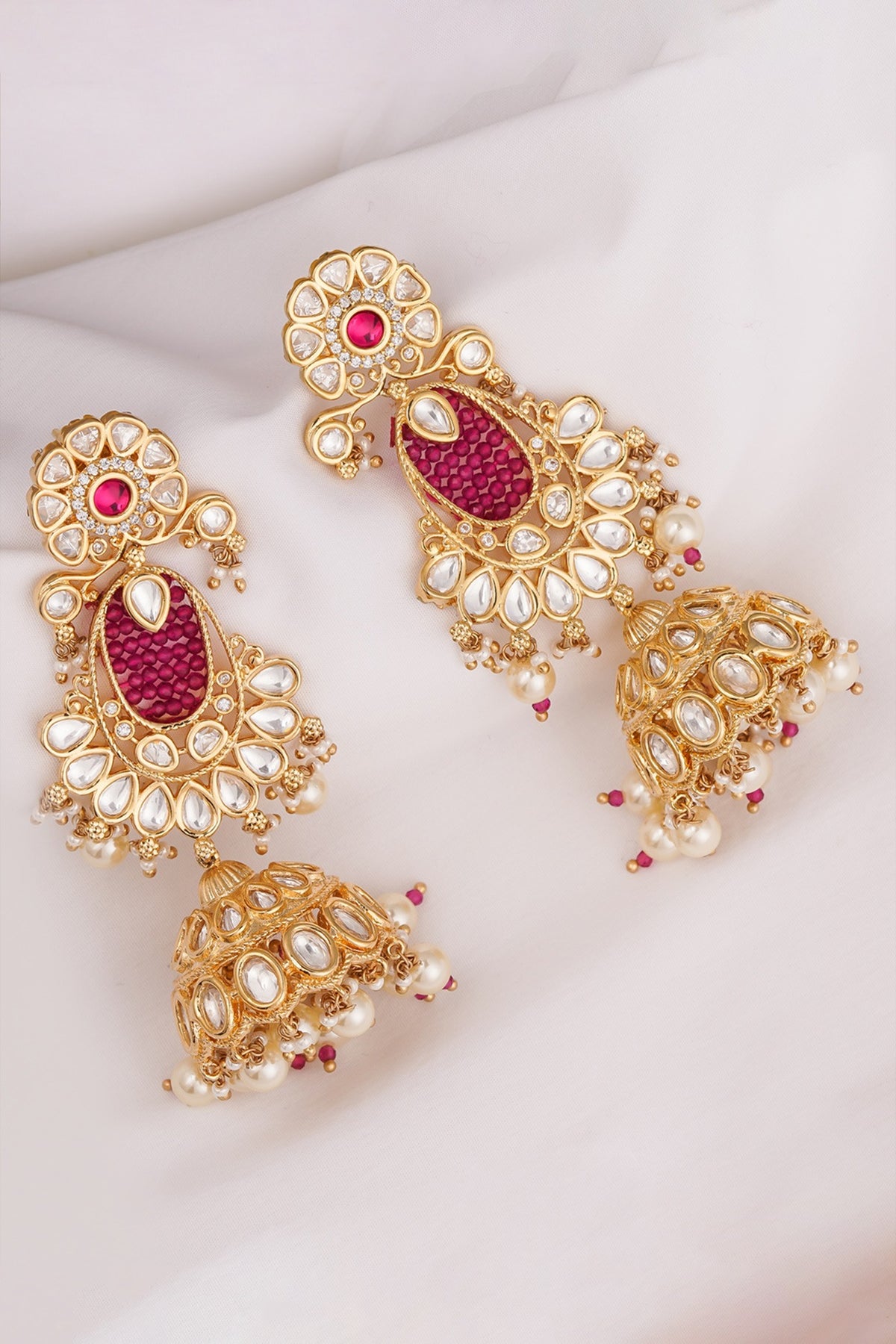 Gold Finish Kundan Polki & Rani Pink Stone Jhumka Earrings