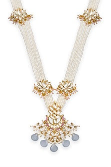 Gold Finish Blue Beaded Long Necklace