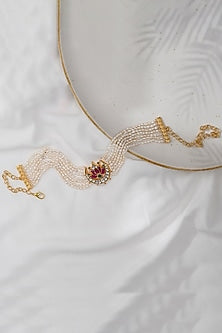 Gold Finish Kundan Polki & Pearl Choker Necklace In 18 Kt Gold