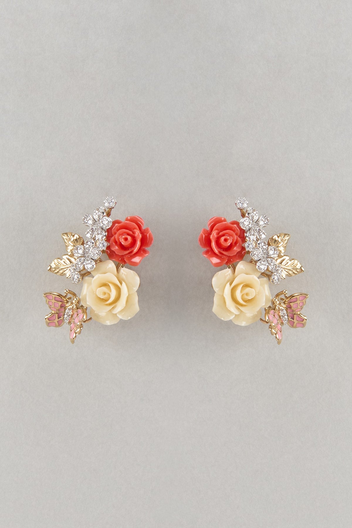 Gold Finish Cubic Zirconia & Multi-Colored Stone Enameled Floral Stud Earrings In Sterling Silver