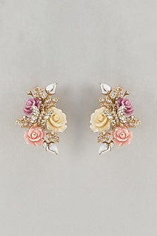 White Finish Cubic Zirconia & Peach Stone Handcrafted Floral Dangler Earrings In Sterling Silver