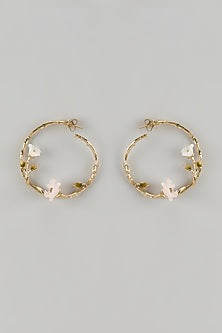 Gold Finish Multi-Faceted Cubic Zirconia & Mother Of Pearl Enameled Hoop Earrings In Sterling Silver