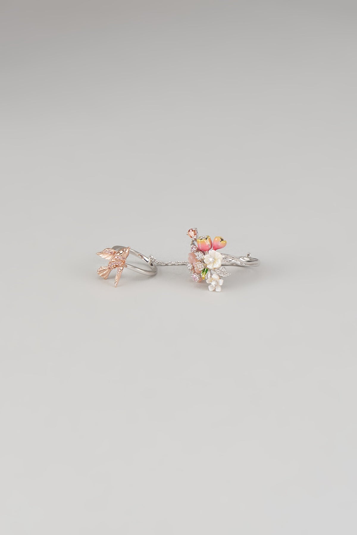 White Finish Multi-Colored Cubic Zirconia & Mother Of Pearl Double Finger Ring In Sterling Silver