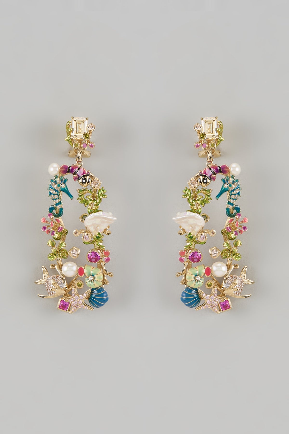 Gold Finish Cubic Zirconia & Keishi Pearl Enameled Dangler Earrings In Sterling Silver