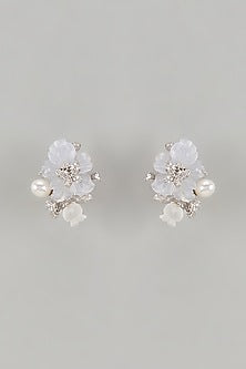 White Finish Cubic Zirconia & Blue Chalcedony Stone Stud Earrings In Sterling Silver