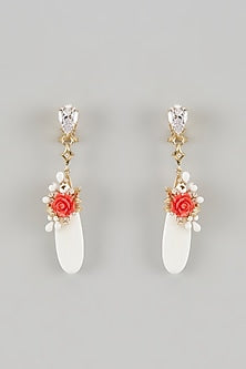 Gold Finish Cubic Zirconia & Agate Stone Floral Dangler Earrings In Sterling Silver