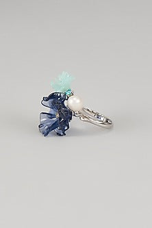 White Finish Cubic Zirconia & Blue Synthetic Stone Ring In Sterling Silver