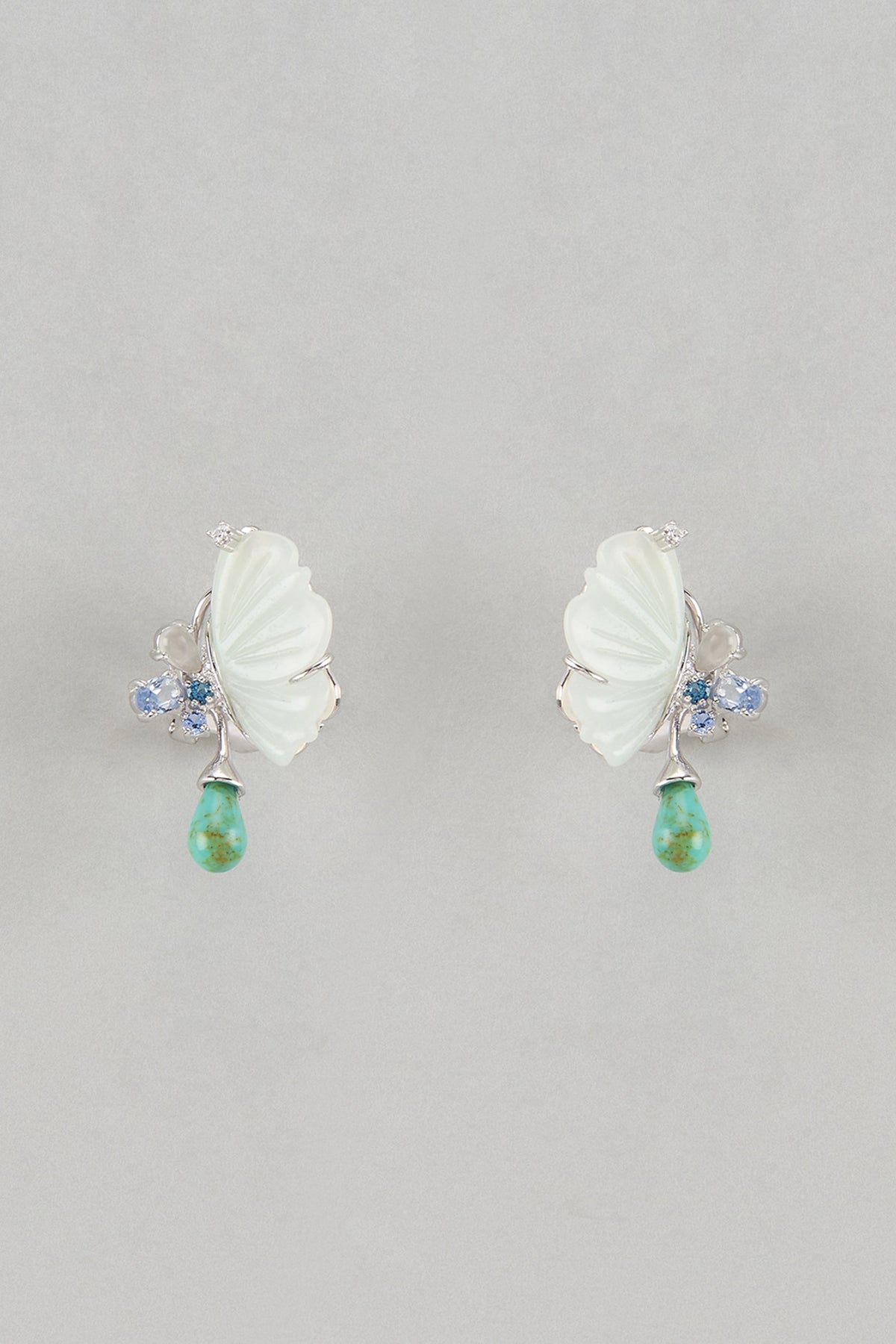 White Finish Cubic Zirconia & Aqua Amazonite Stone Stud Earrings In Sterling Silver