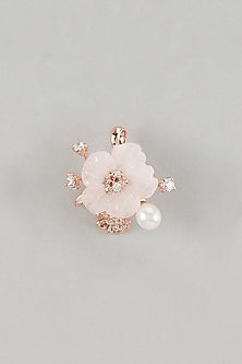 Rose Gold Finish Cubic Zirconia & Rose Quartz Floral Pendant In Sterling Silver