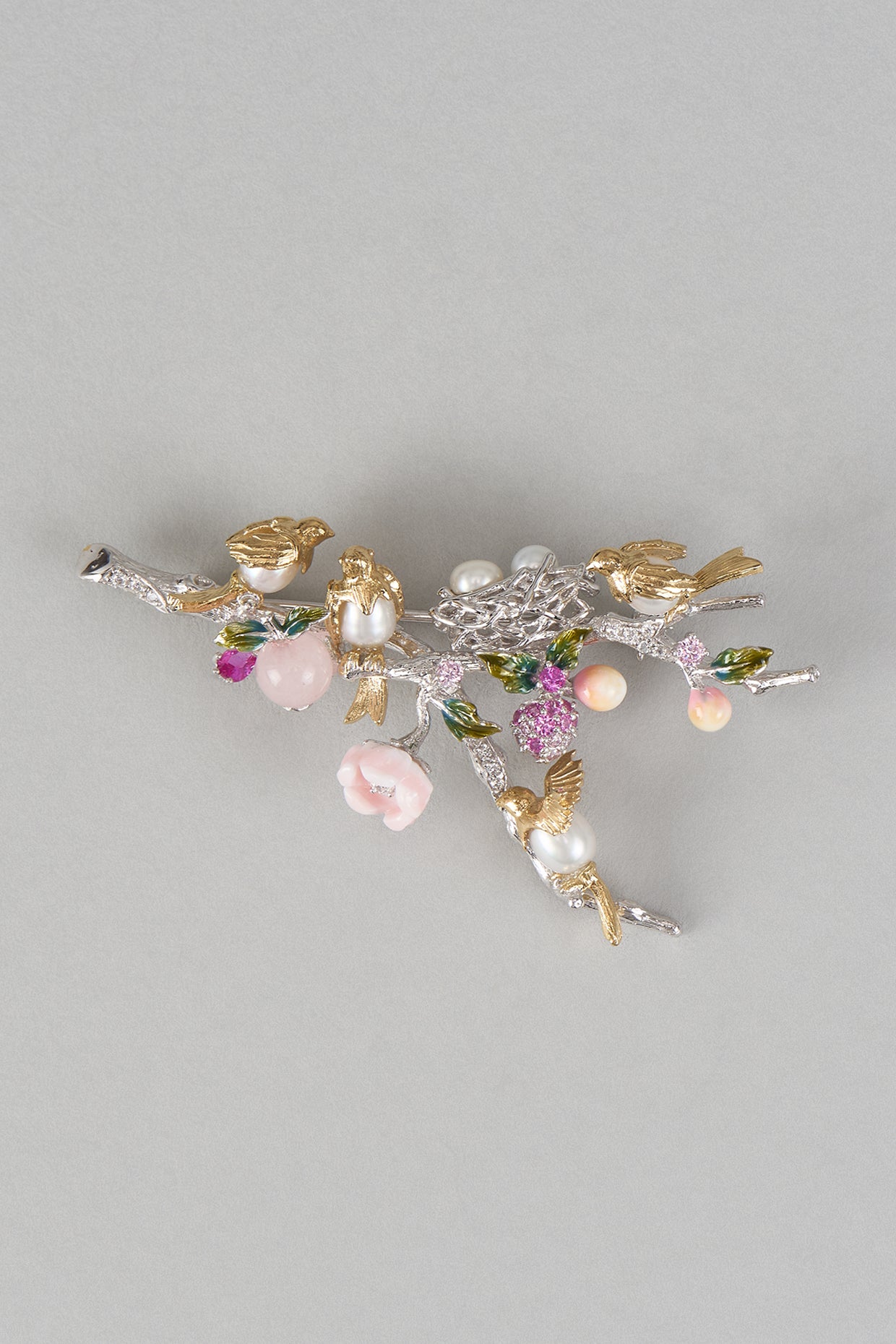 White Finish Cubic Zirconia & Freshwater Pearl Enameled Brooch In Sterling SIlver